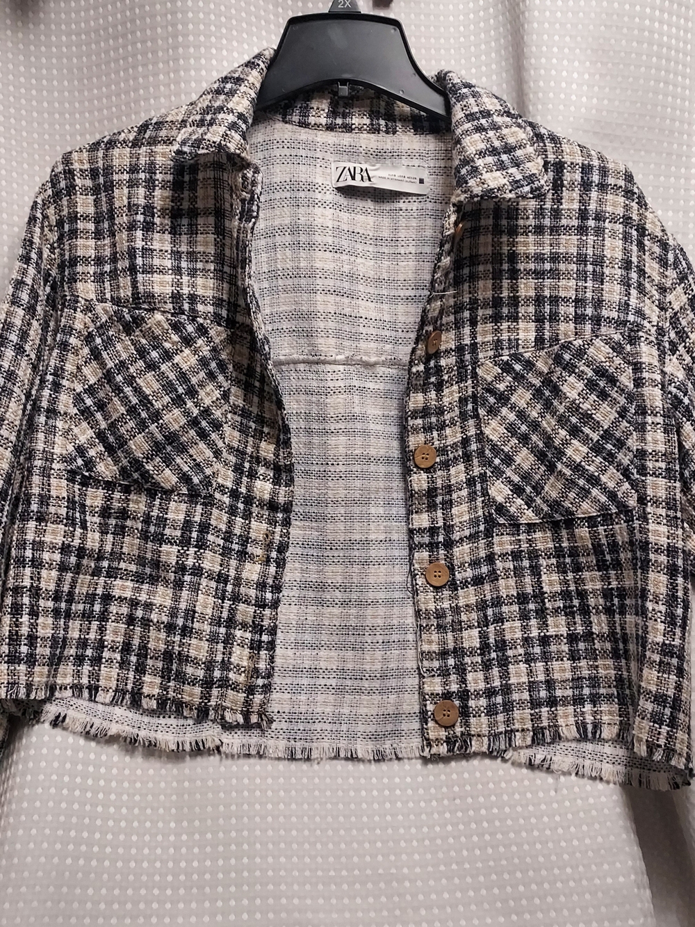 ZARA Black and Cream Plaid Cropped Blazer Jacket